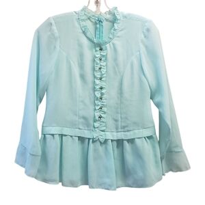 Vintage Blouse Secretary Ruffled Peplum Zip Up 70s True Vintage Hand Made Small